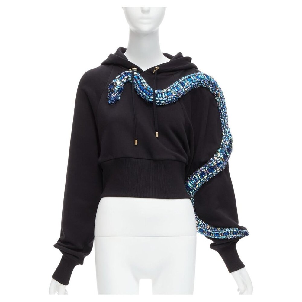 Balmain Cropped Hoodie Snake Black Small Oversized Fits M L XL Jewel Rhinestones